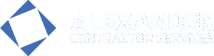 A blue geometric diamond shape beside "ALEXANDER CONTRACTOR SERVICES," highlighting a full-service specialty contractor on a light background.